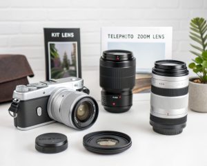 a camera and lens on a table