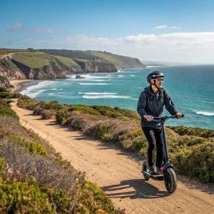 a man riding a scooter on a dirt road near a body of water