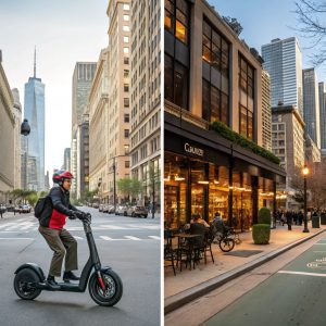 a man riding a scooter in a city