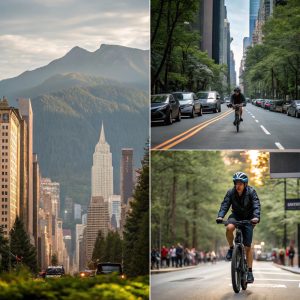 a collage of a man riding a bicycle