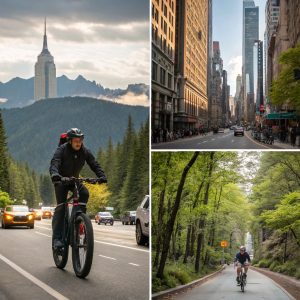 a collage of a man riding a bicycle